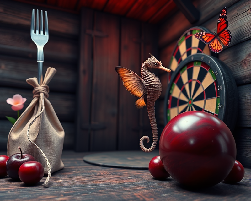 bag, fork, seahorse, plum, cabin, dartboard, bowling ball, spiderman, butterfly